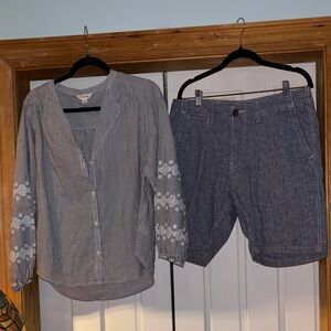 Lucky Brand Navy and White Striped Button-Front Shirt with Shorts